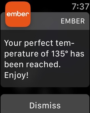 Apple Watch screen shot of Ember Mug perfect temperature notification.
